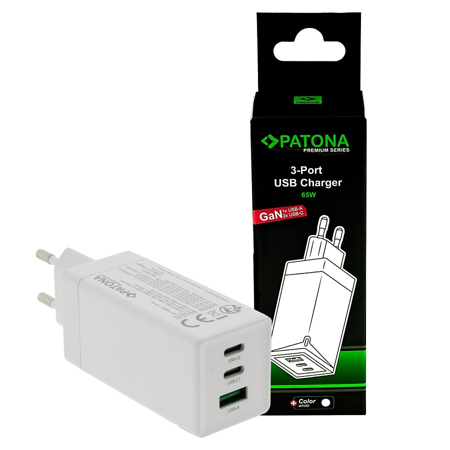 PATONA ALIMENTATORE ADATTATORE PREMIUM GAN PD65W 2XUSB-C 1XUSB-A PD3.0 QC3.0 WHITE